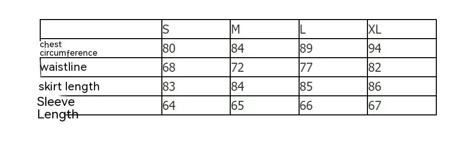 Size chart for S to XL with chest, waistline, skirt length, and sleeve length measurements.