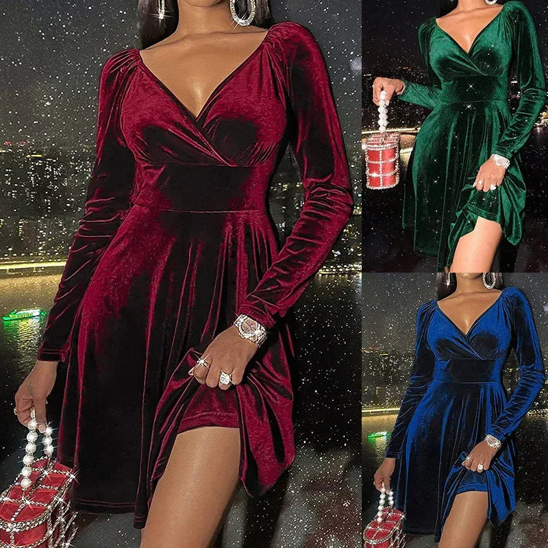Women’s velvet mini dress in red, green, and blue, with long sleeves and V-neck, bodycon fit