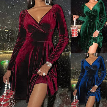 Women’s velvet mini dress in red, green, and blue, with long sleeves and V-neck, bodycon fit