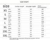 Unisex apparel size chart with measurements for clothes length, shoulder width, and chest circumference in centimeters and inches for sizes XS to 3XL.
