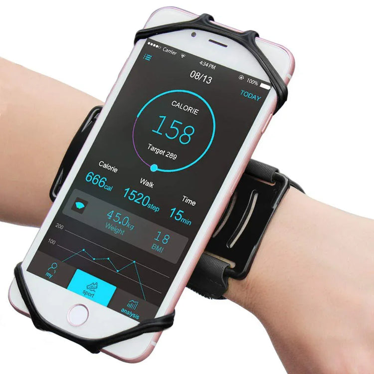 Black adjustable sporty wrist strap holding a smartphone with fitness tracking app displayed.