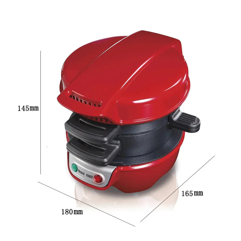 Red compact breakfast sandwich maker with black handles, labeled dimensions, countertop appliance