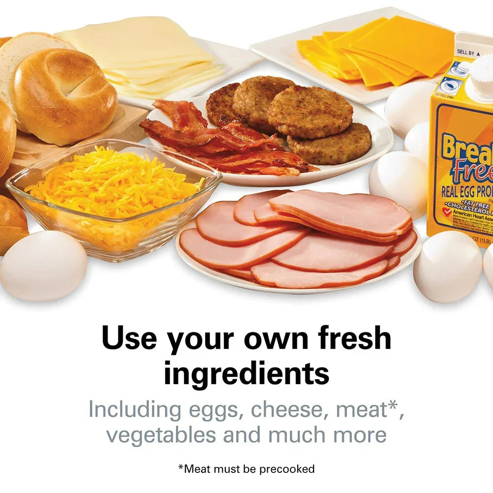 Breakfast ingredients including bagels, sliced cheese, eggs, shredded cheese, bacon, sausage patties, sliced ham, and egg substitute displayed on plates and bowls.