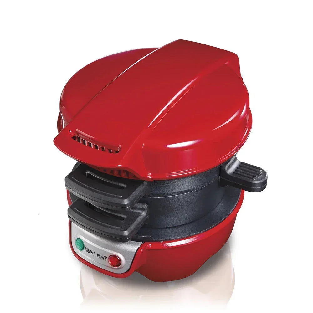 Red electric breakfast sandwich maker with non-stick cooking plates and indicator lights