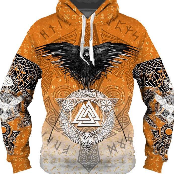 Front view of orange and gray Viking pullover hoodie with a black bird graphic
