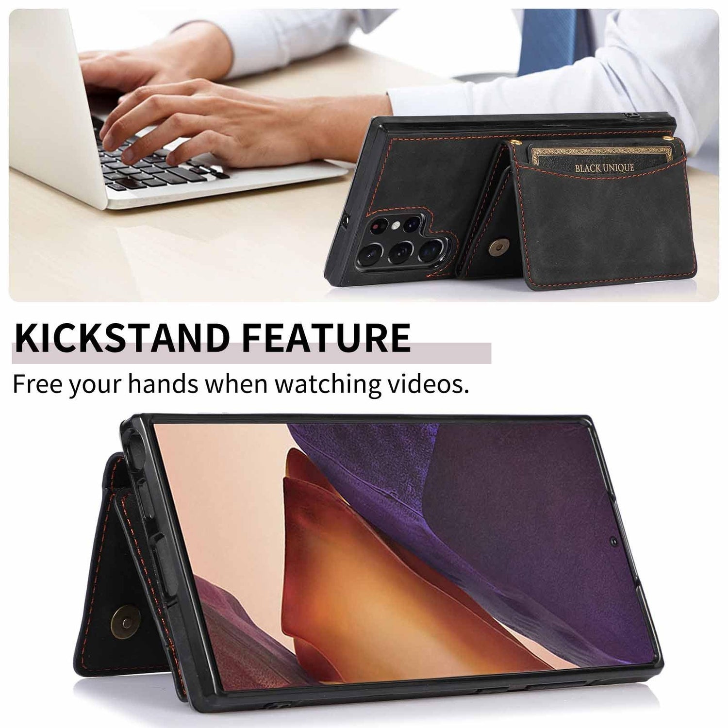 Black leather phone case with card holder and kickstand feature, stitched detailing.