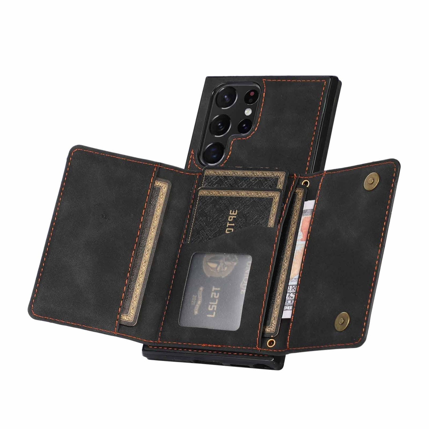 Black leather wallet phone case with multiple card slots and magnetic closure, orange stitching