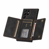 Black leather wallet phone case with multiple card slots and magnetic closure, orange stitching