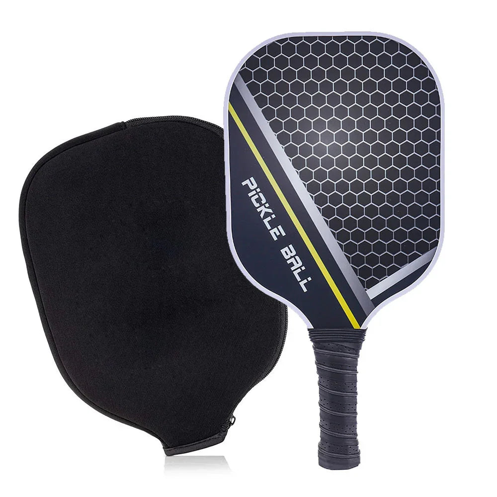 Black and grey honeycomb pickleball paddle with yellow accent, textured grip, and padded cover