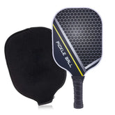 Black and grey honeycomb pickleball paddle with yellow accent, textured grip, and padded cover
