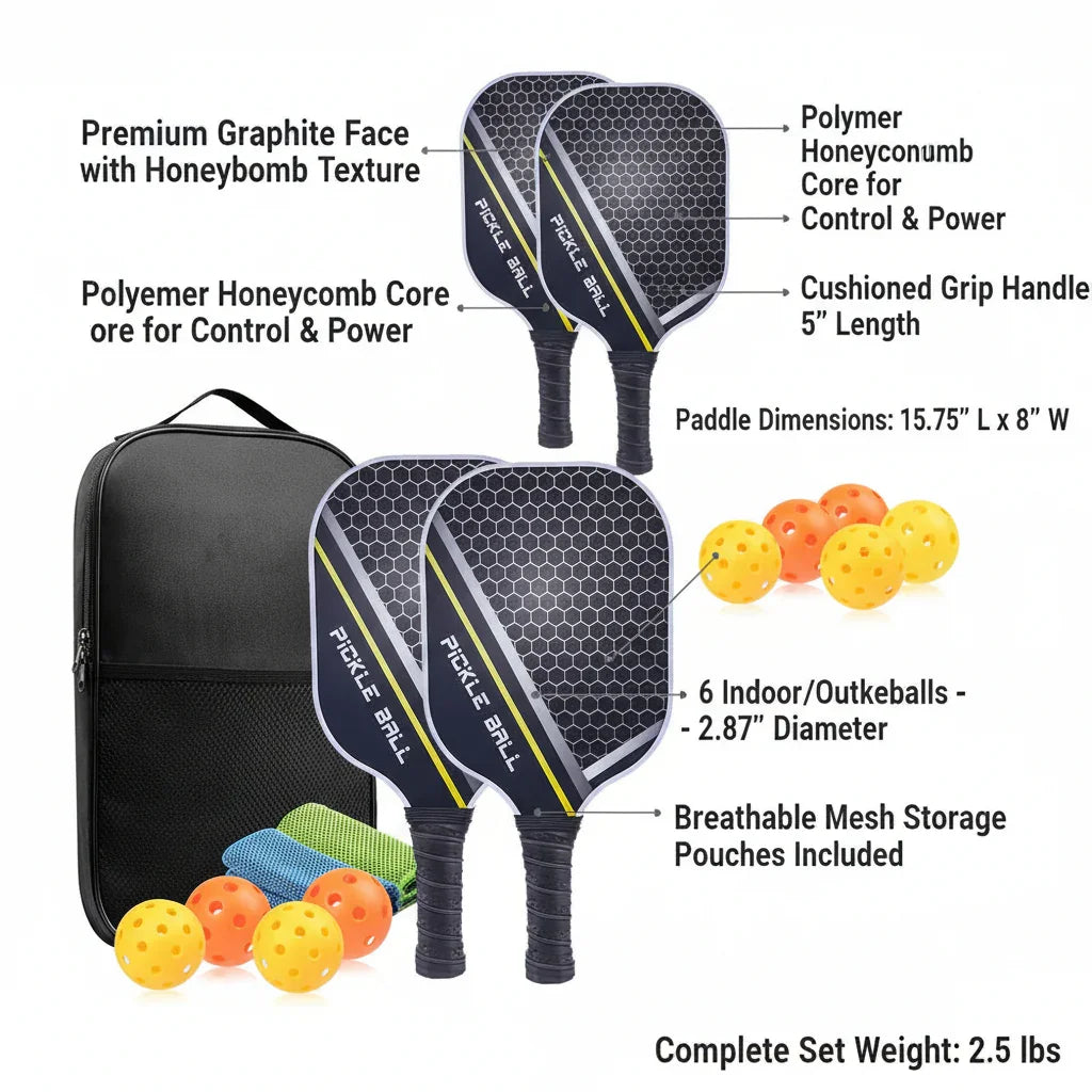 Set of two black honeycomb-textured graphite pickleball paddles, yellow balls, mesh pouches, and a carrying bag.