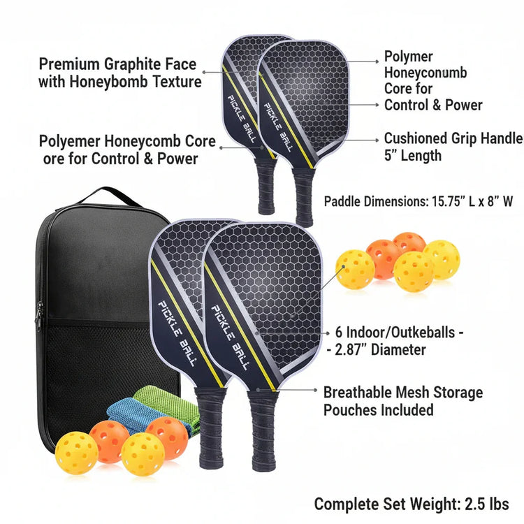 Set of two black honeycomb-textured graphite pickleball paddles, yellow balls, mesh pouches, and a carrying bag.