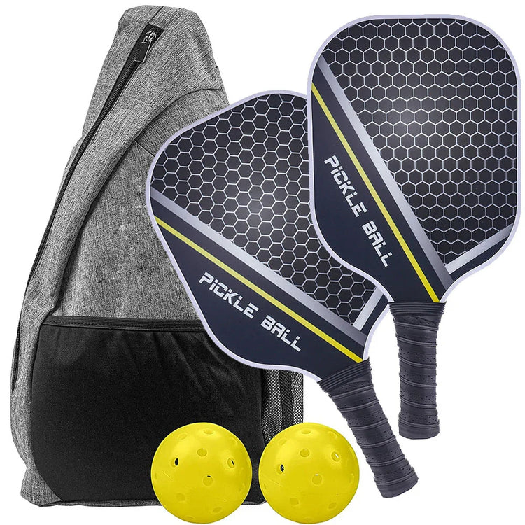 Two honeycomb-patterned black pickleball paddles with yellow accents, two yellow pickleballs, and a grey-black sports backpack.
