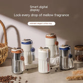 Minimalist insulated coffee mugs with digital lids, mix of silver and white, modern design