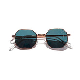 Octagonal sunglasses with gold metal frame and dark blue tinted lenses, modern streetwear accessory