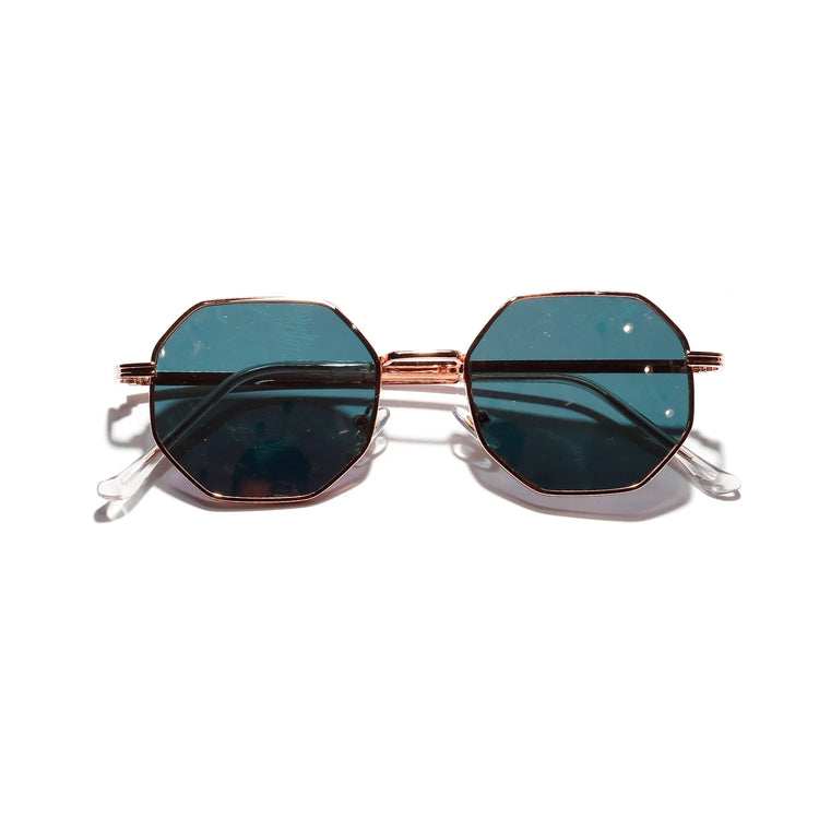 Octagonal sunglasses with gold metal frame and dark blue tinted lenses, modern streetwear accessory