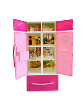 Pink and white toy refrigerator with illustrated food and drinks inside, plastic material