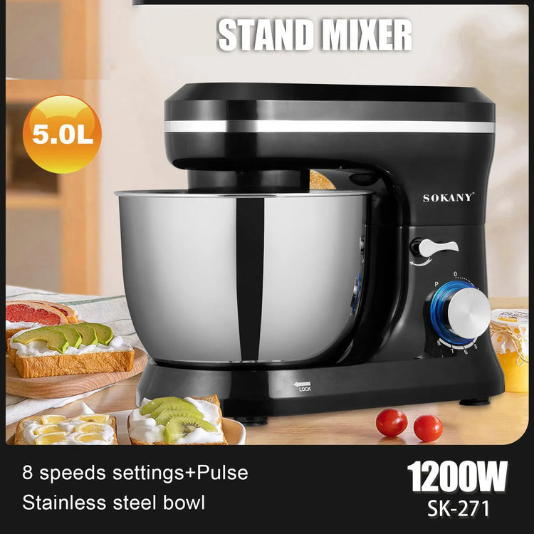 Black stand mixer with stainless steel bowl on kitchen counter, 8-speed, 5L capacity.