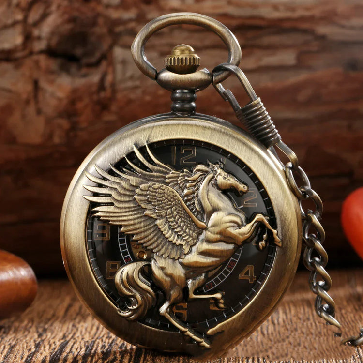 Vintage brass pocket watch with engraved Pegasus, antique finish and detailed chain