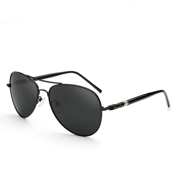 Black aviator sunglasses with dark lenses and slim metal frame, modern streetwear accessory