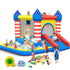 Children playing in a colorful inflatable bounce house with ball pit and slide