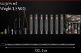 Black tactical baton set with metal segments, knife tool, and camouflage carrying case, 122.5cm length.