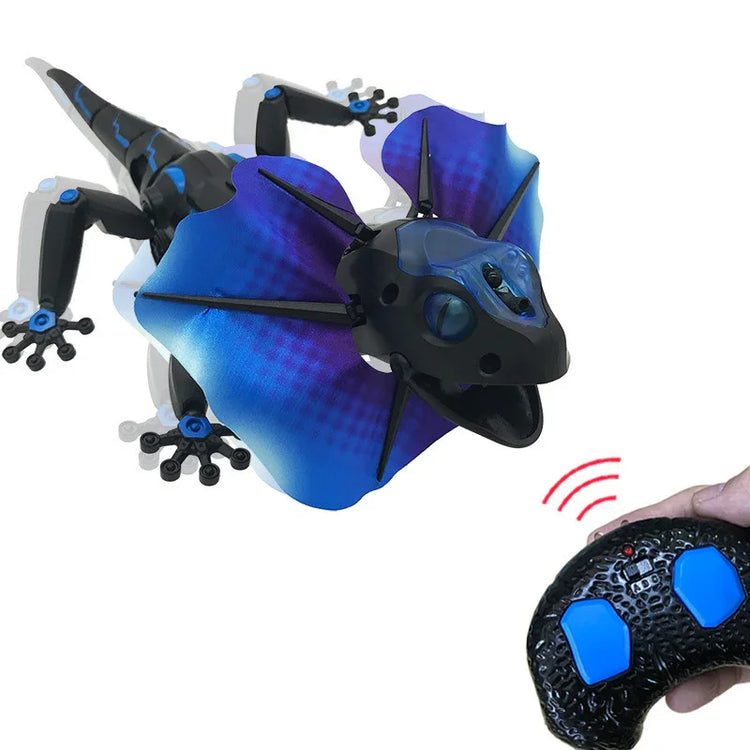Remote controlled blue and black robotic lizard toy with flexible limbs and textured body.