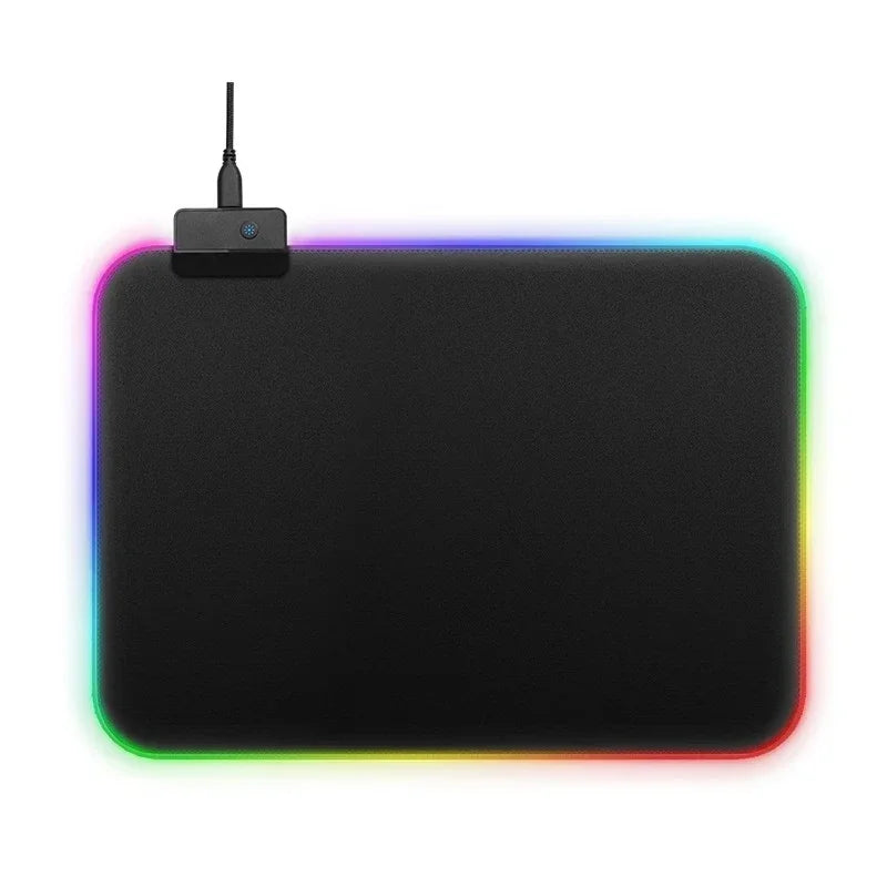 Black RGB gaming mouse pad with soft surface and colorful LED edge lighting