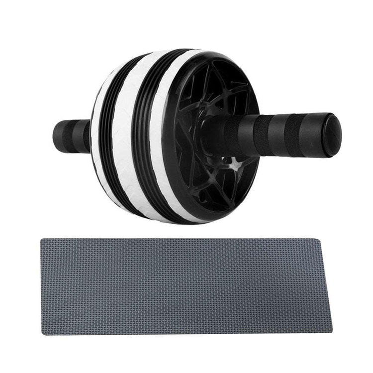 Black and white ab roller with foam handles and a textured exercise mat