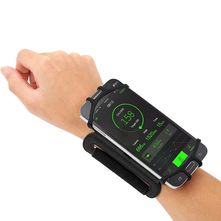 Black adjustable wristband phone holder with secure strap, modern sporty accessory