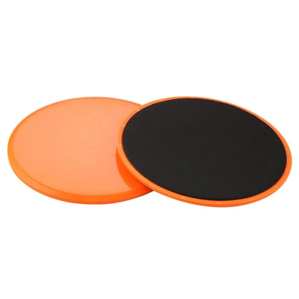 Pair of orange dual-sided round exercise sliders with black fabric surface