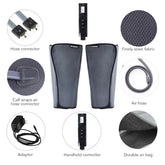 Gray mesh calf compression sleeves with hose connectors, air hose, adapter, controller, and durable air bag.