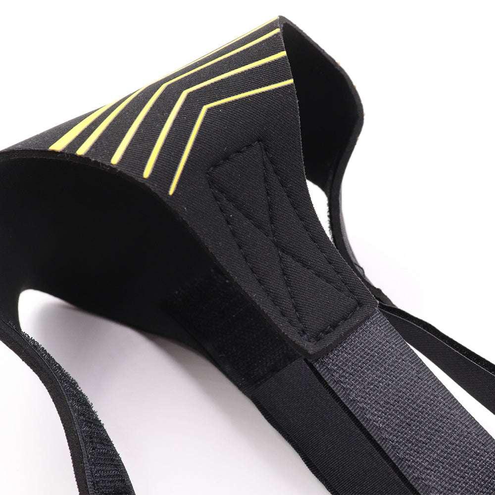 Black adjustable strap with yellow geometric lines, soft neoprene material, modern design
