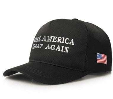 Black structured baseball cap with curved brim, white embroidered text, and USA flag patch