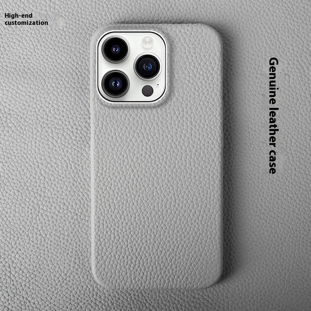 Textured light gray genuine leather phone case with a snug fit, modern minimalist style