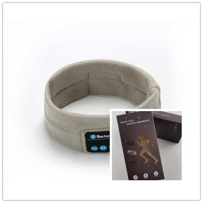 Gray knitted Bluetooth sports headband with control buttons, soft fabric, unisex fit