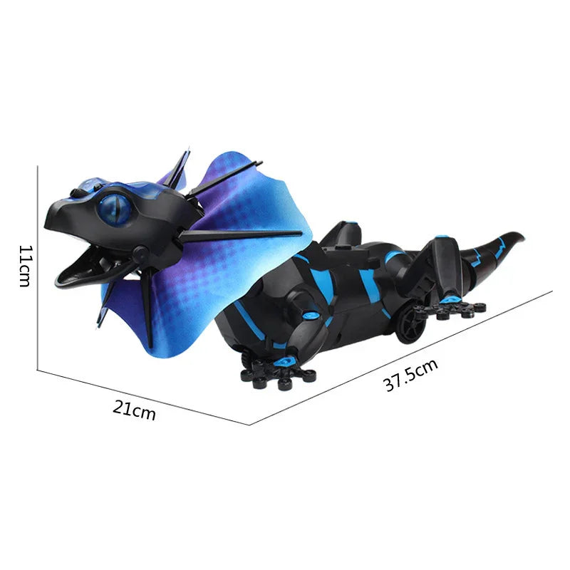 Futuristic black and blue robotic dragon toy with blue frill, plastic material, measured dimensions