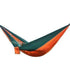 Two-tone orange and green hammock with lightweight nylon material and spacious fit