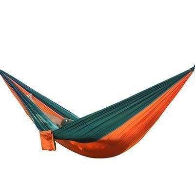 Two-tone orange and green hammock with lightweight nylon material and spacious fit