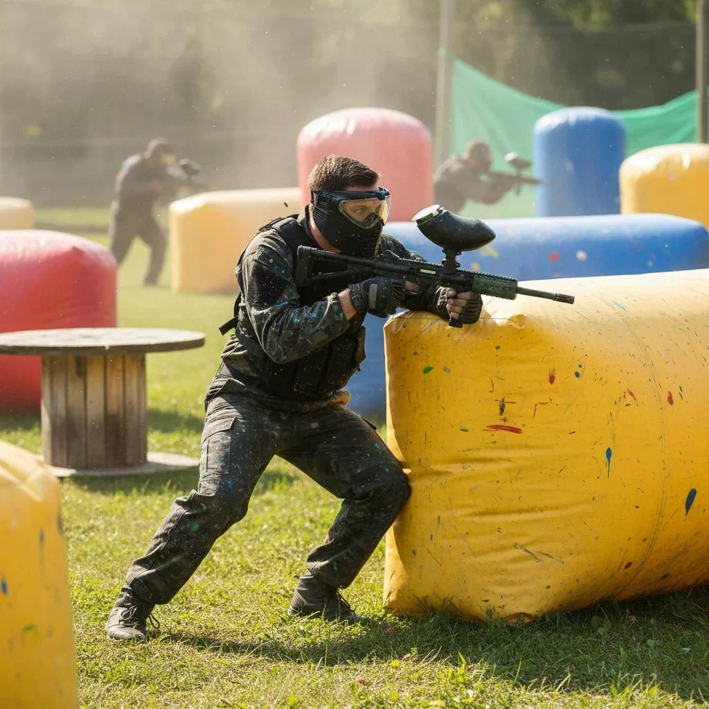 Man in camouflage tactical outfit and protective mask crouching with paintball gun outdoors