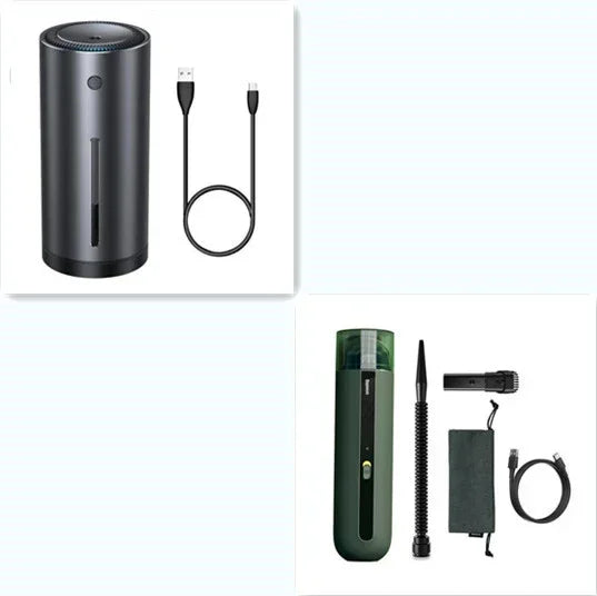 Modern compact portable vacuum cleaners with USB charging cables and cleaning accessories, matte black and green finish