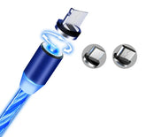 Blue magnetic charging cable with LED light and interchangeable connectors on white background.