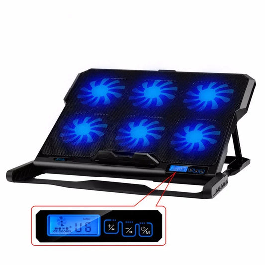 Black adjustable laptop cooling pad with six blue LED fans and digital control panel