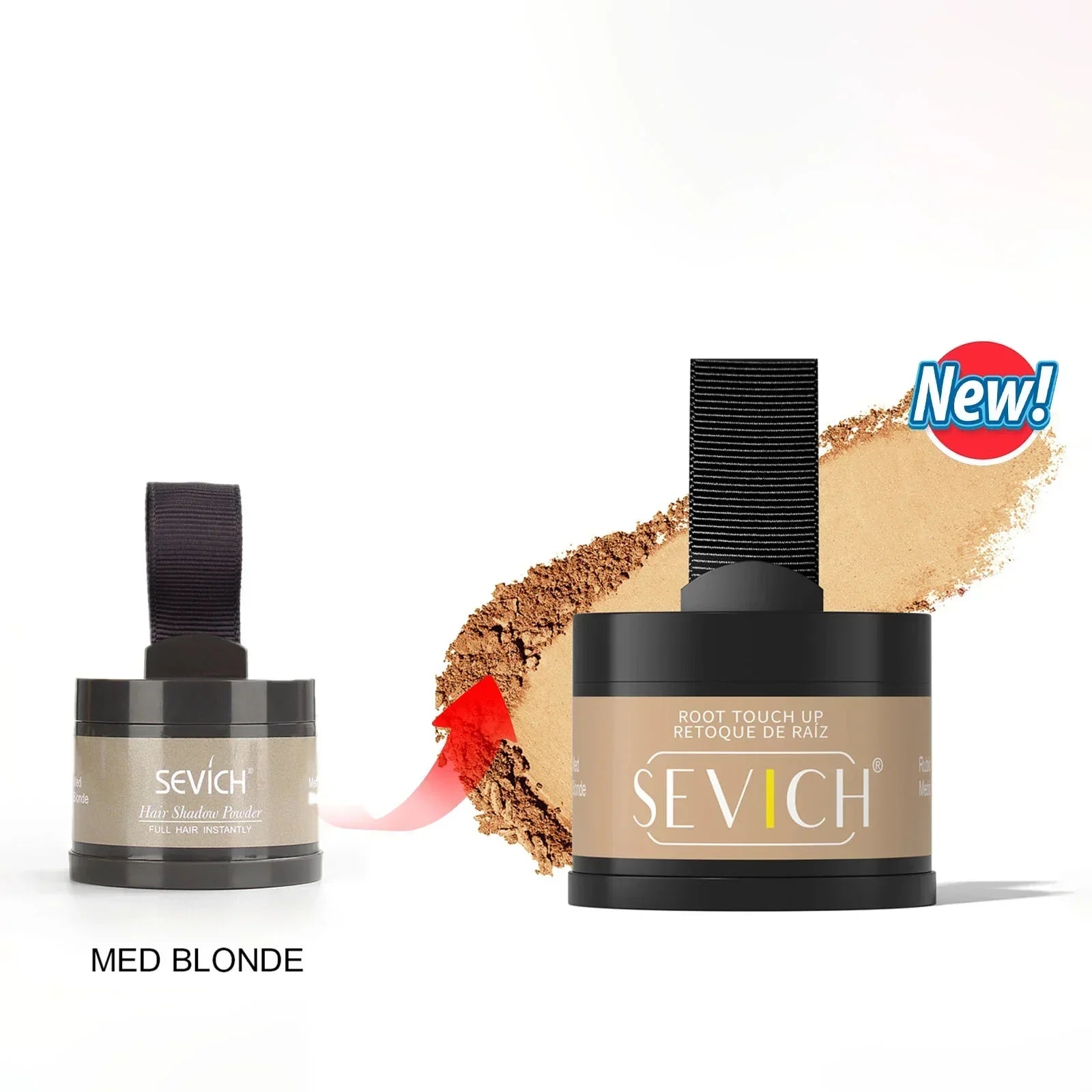 Medium blonde hair powder for root touch up with brown and blonde color swatch.