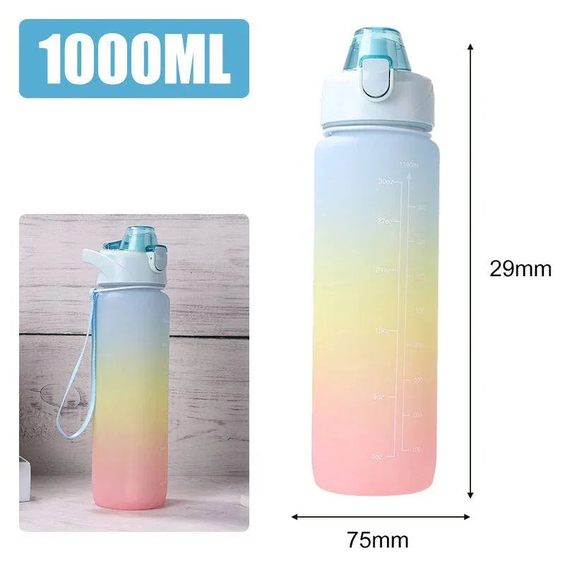 Gradient pastel water bottle 1000ml with flip top and strap, lightweight plastic