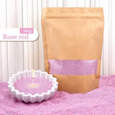 500g rose red candle sand in brown resealable pouch and white bowl, decorative setting