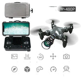 Compact foldable drone with 480P camera, black remote controller, and silver carrying case