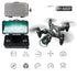Compact foldable drone with 480P camera, black remote controller, and silver carrying case