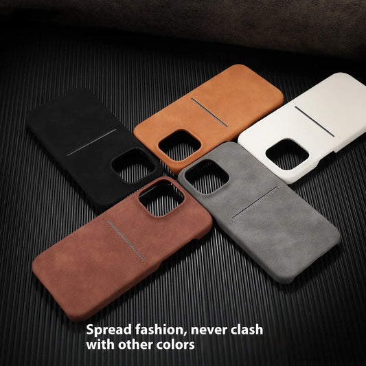 Assorted faux leather phone cases in black, brown, tan, grey, and white colors, slim fit.