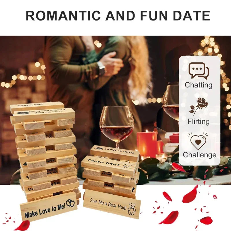 Couple in fitted, long-sleeve clothing enjoying a romantic date night with wooden game blocks and wine.